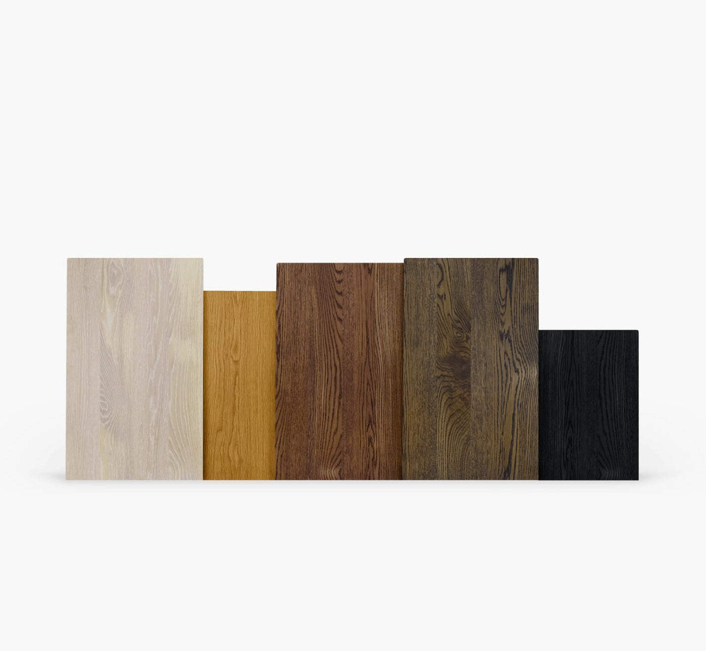 Five wood samples showing stain finishes ranging from light to dark