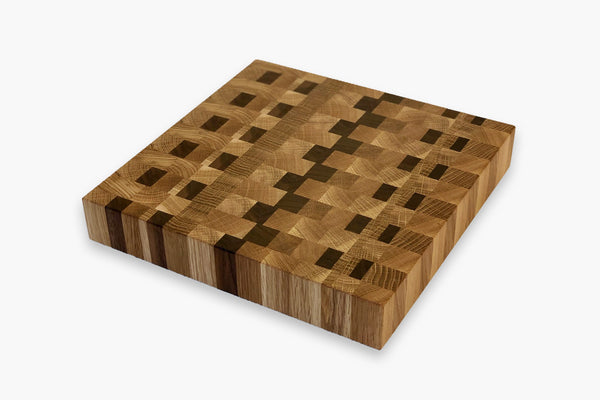 hand crafted square cutting board made of white oak and walnut end grains